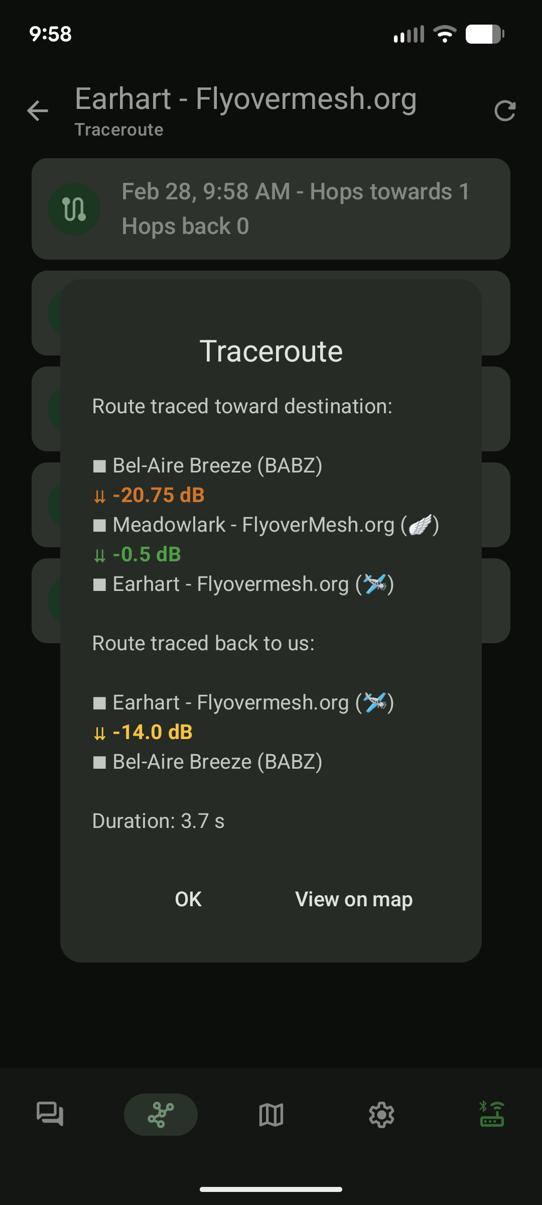 Meshtastic traceroute details traceroute detail from north of Bel Aire to Earhart